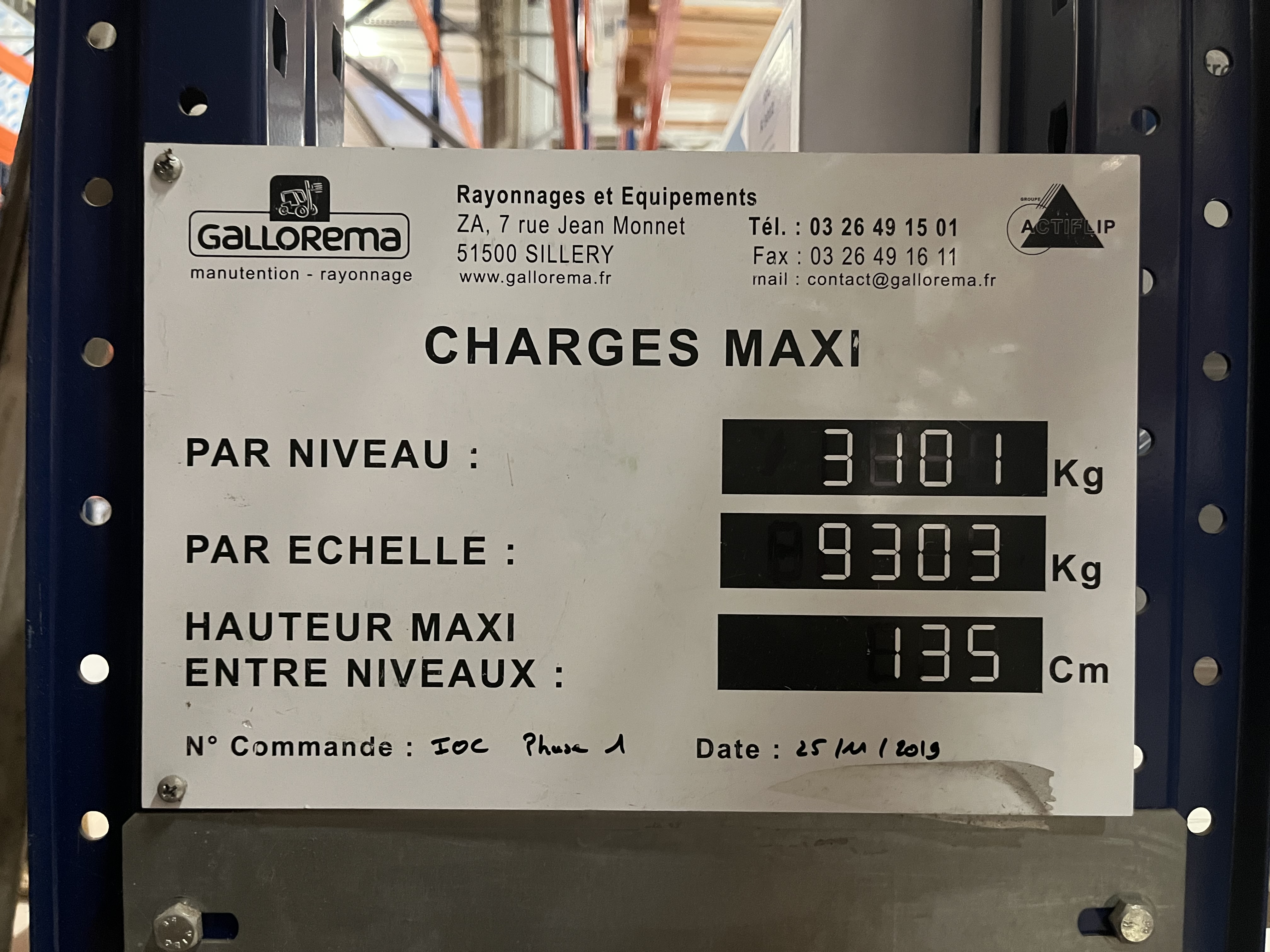 Charge maximale de l'entrepôt par échelle et par niveau 