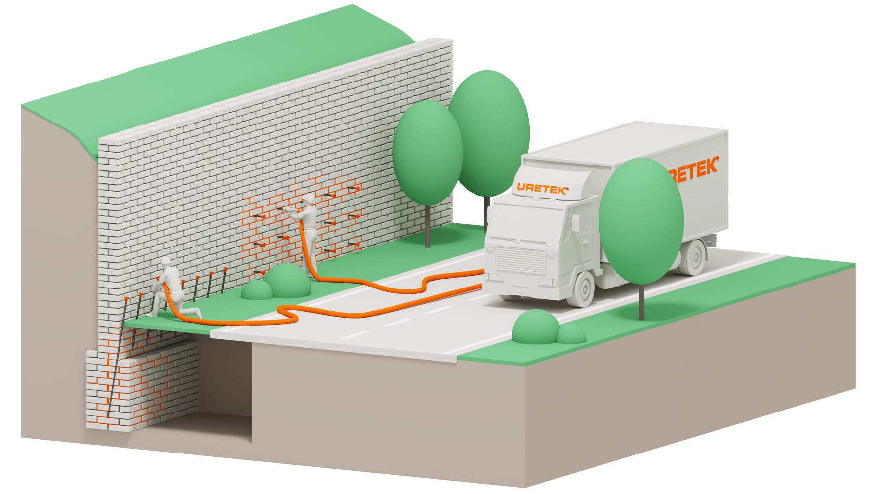 Visuel 3D illustrant le procédé d'injection et la diffusion omnidirectionnelle de la résine dans la maçonnerie