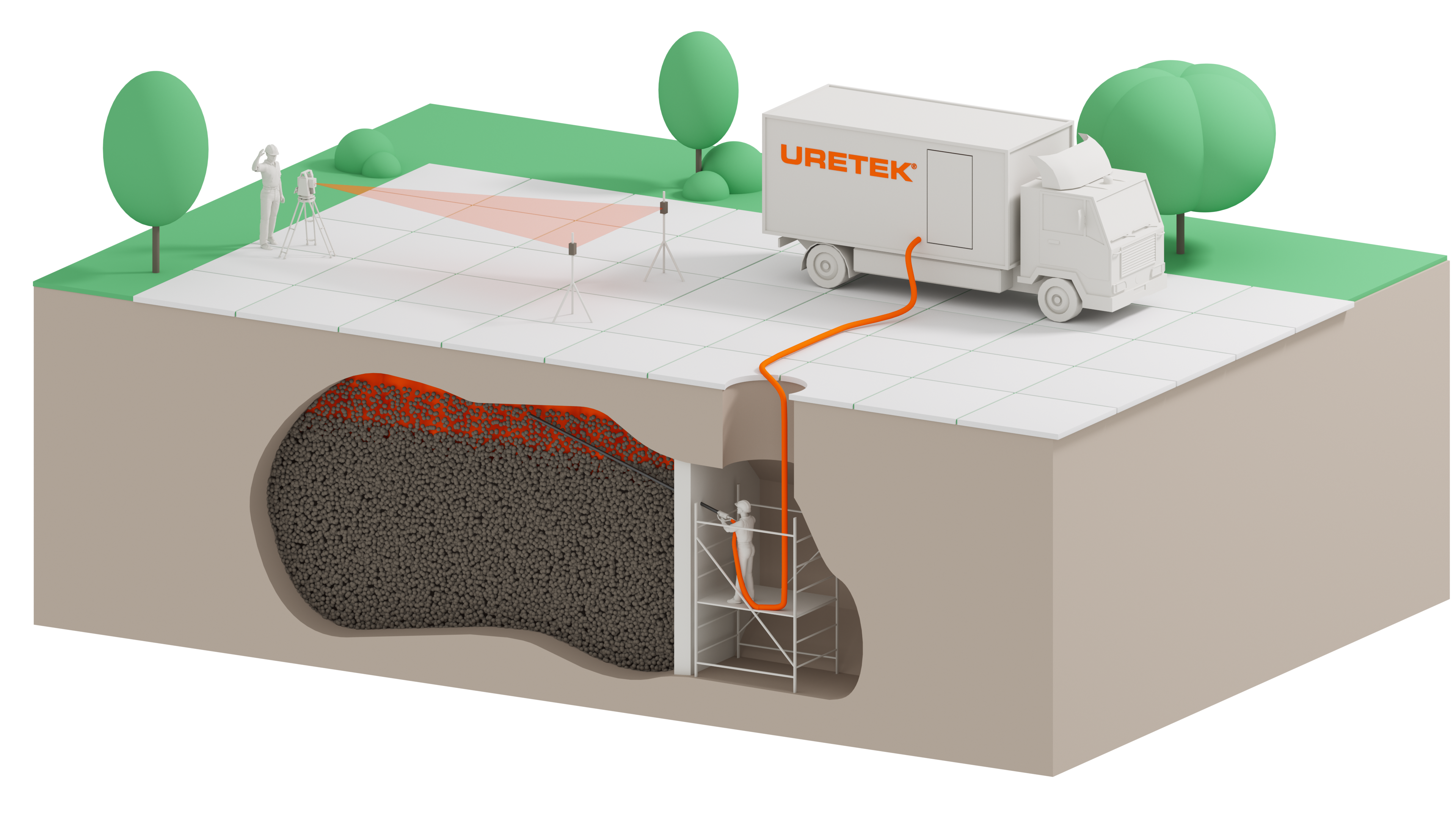 Visuel 3D reoresentant l'intervention de compblement de cavités d'Uretek
